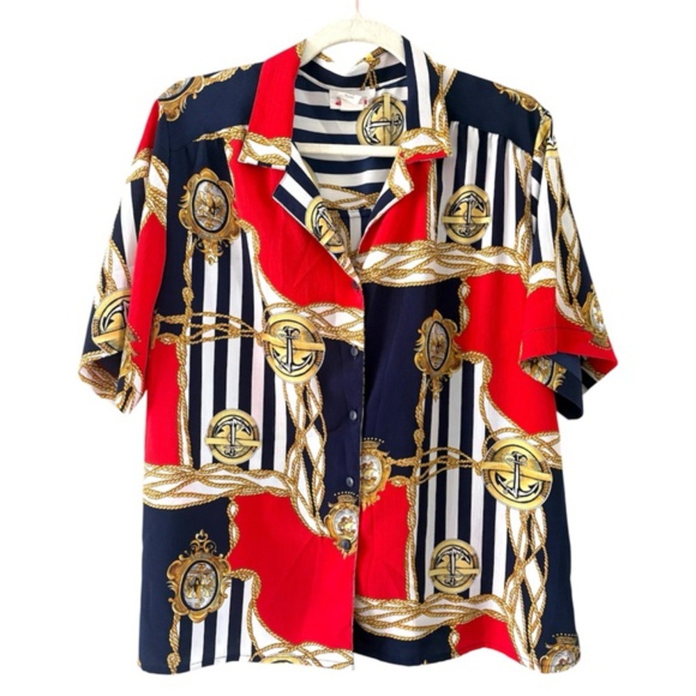 Vintage Alia Nautical Rope & Anchor Print Button-Up coastal holiday (M/L)